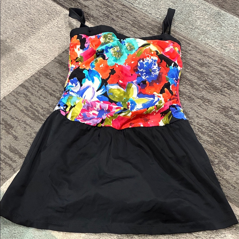 Vintage Foral Bust One-Piece Swimdress with Black Skirt